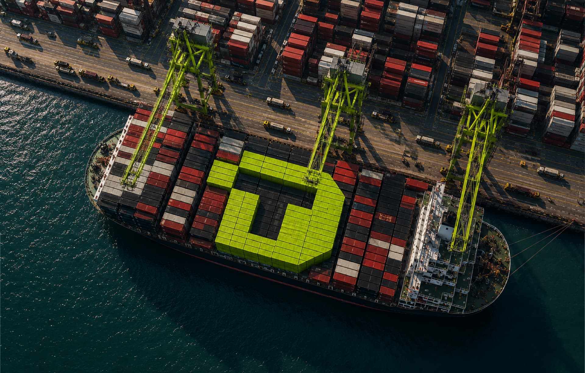 Aerial view of a container vessel discharging at the terminal