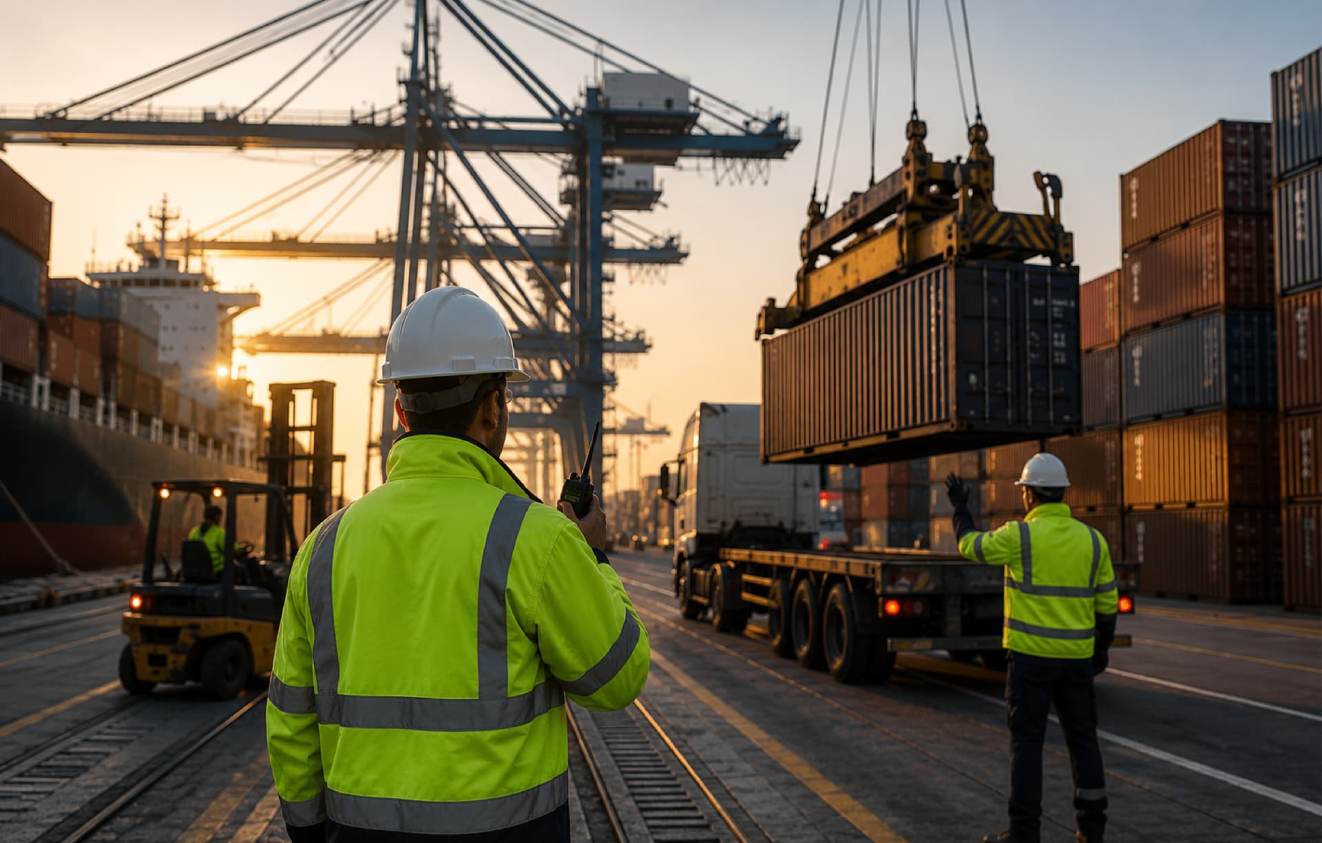 Container being lifted onto a truck chassis during terminal operations